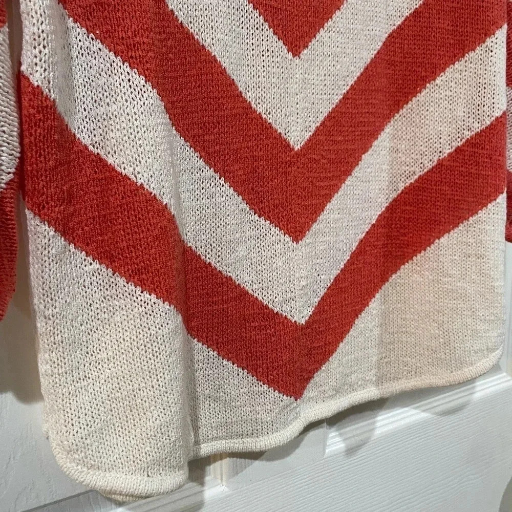 Chicos Womens Sweater 1 Small Chevron Stripe Coral Salmon Ivory Roll-Tab Dolman - Picture 9 of 10